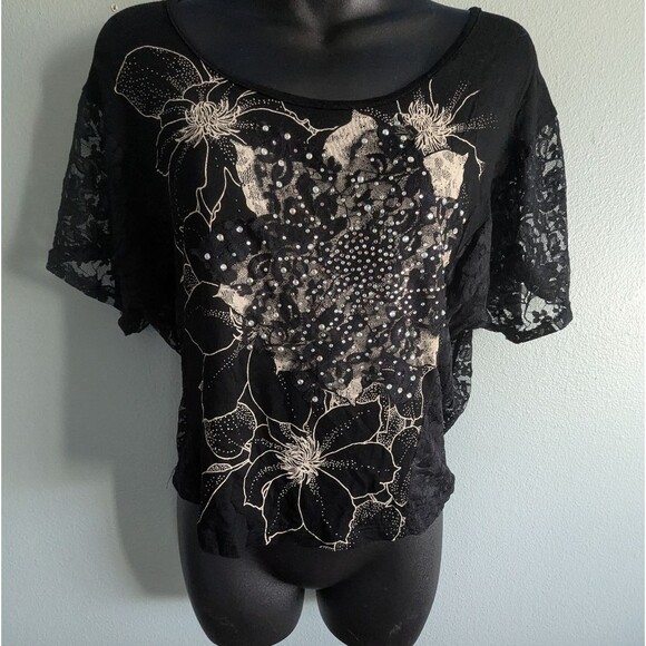 Vtg Y2K Wet Seal Black Floral Bling Sequined S/S Scoop Neck Dolman Babydoll Top - Picture 2 of 6